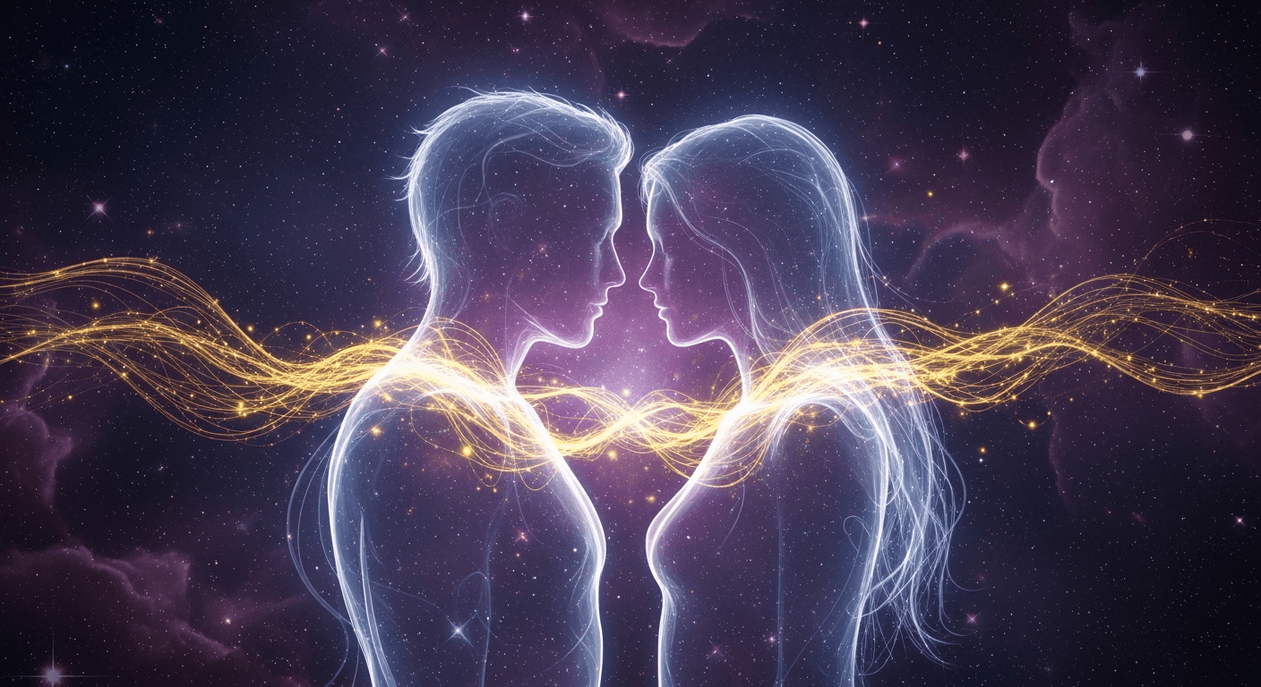 AI soulmate portrait example showing two symbolic partner silhouettes connected by a golden thread
