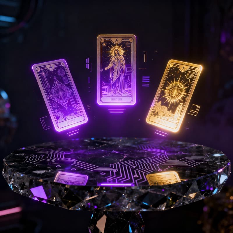 Three illuminated tarot cards used for an AI tarot reading in Destin AI