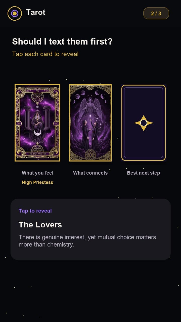 Destin AI daily tarot interpretation scene with The High Priestess, The Lovers, and Temperance upright