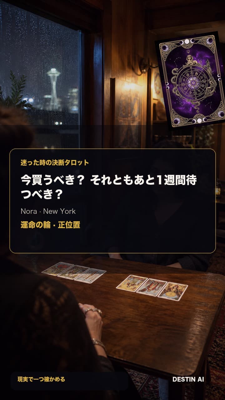 今買うべき？ それともあと1週間待つべき？ — タロット占い師と対面で座り、斜めに並ぶカードの1枚へ手を伸ばしながら他のカードも視野に入れる in 車の光がガラスに映るニューヨークの夜のタロットサロン, with 運命の輪 正位置