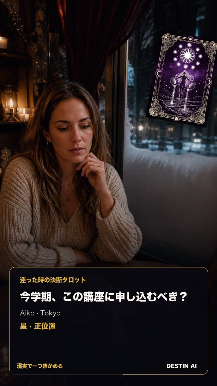 今学期、この講座に申し込むべき？ — タロット占い師の向かいに座り、二つの小さなカード山の間に置かれた1枚を見る in 雨に濡れた路地の反射が光る東京の夕方のタロットカフェ, with 星 正位置