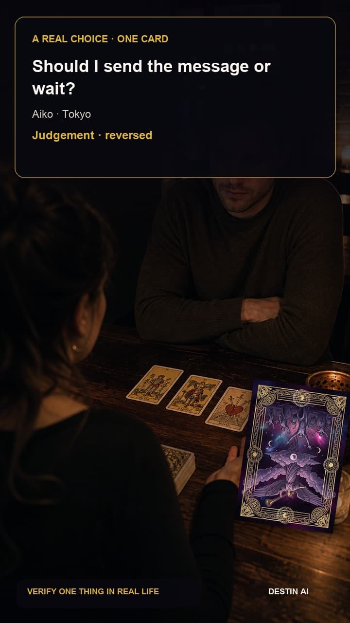 Should I send the message or wait? — seated opposite the tarot reader, studying a narrow three-card spread while one card rests near the center in Tokyo tarot studio at night with rain-lit side streets outside, with Judgement reversed