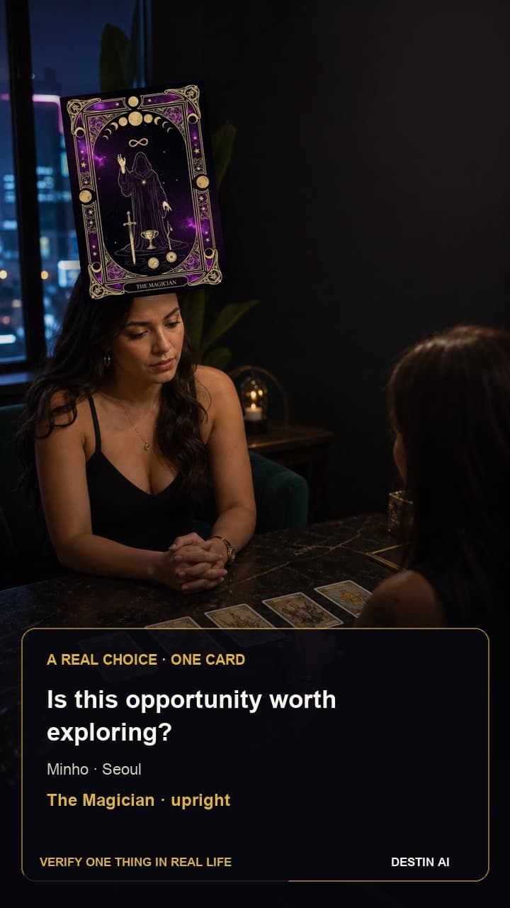 Is this opportunity worth examining more closely? — seated across from the tarot reader, comparing one highlighted card against a four-card spread in Seoul tarot room after dark with soft neon reflecting on the window, with The Magician upright