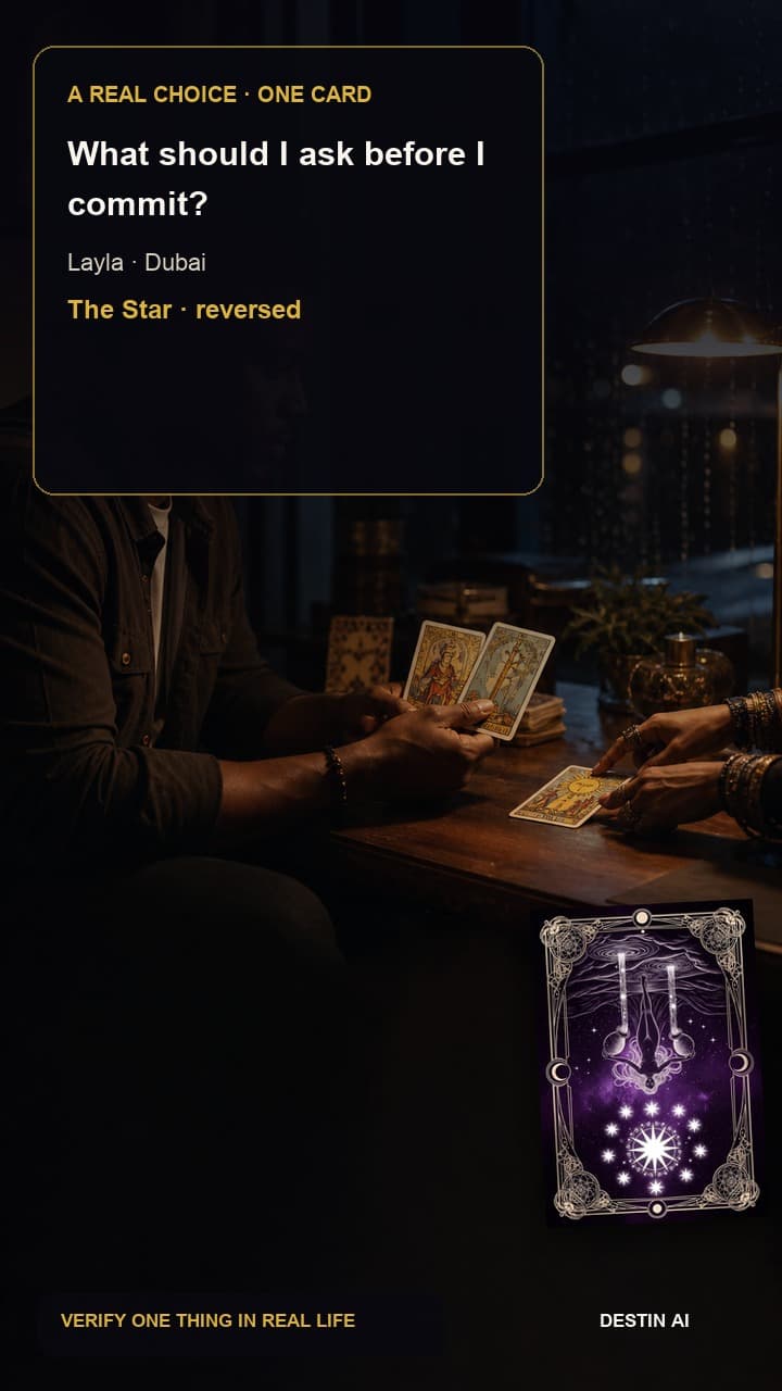 What should I ask before I commit? — seated face-to-face with the tarot reader, following a tidy five-card spread while listening before speaking in Dubai tarot loft in the evening with distant tower lights beyond the glass, with The Star reversed