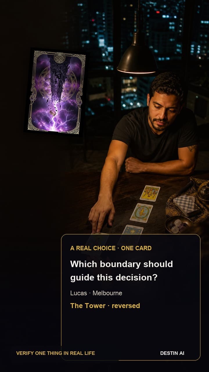 Which boundary should guide this decision? — seated opposite the tarot reader, watching one central card in a three-card spread before answering in Melbourne tarot parlor at night with tram lights passing outside, with The Tower reversed