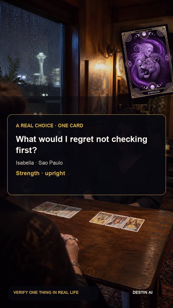 What would I regret not checking first? — seated across from the tarot reader, reaching toward one face-up card in a diagonal spread while the rest stay still in Sao Paulo tarot salon after dark with warm amber lamps and black windows, with Strength upright