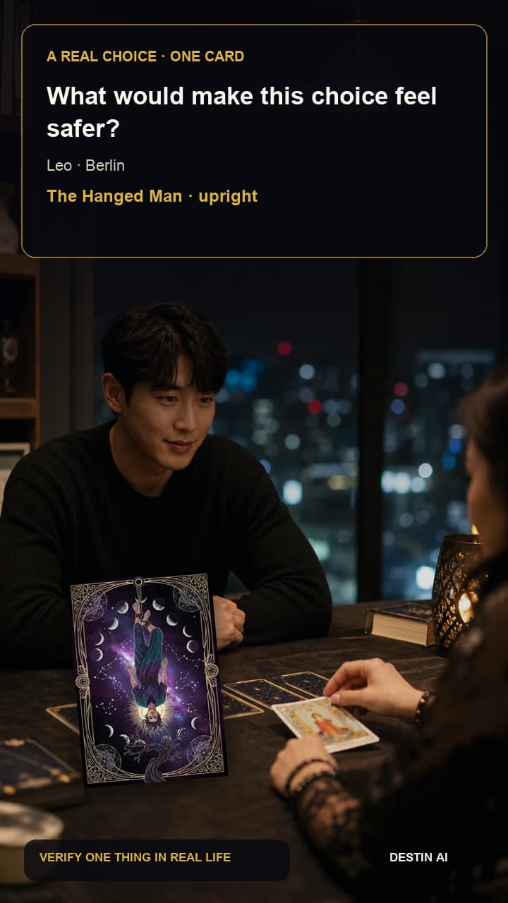 What would make this choice feel safer? — seated face-to-face with the tarot reader, tracing a square card spread with one finger before deciding in Berlin tarot loft at night with blue light washing the walls, with The Hanged Man upright