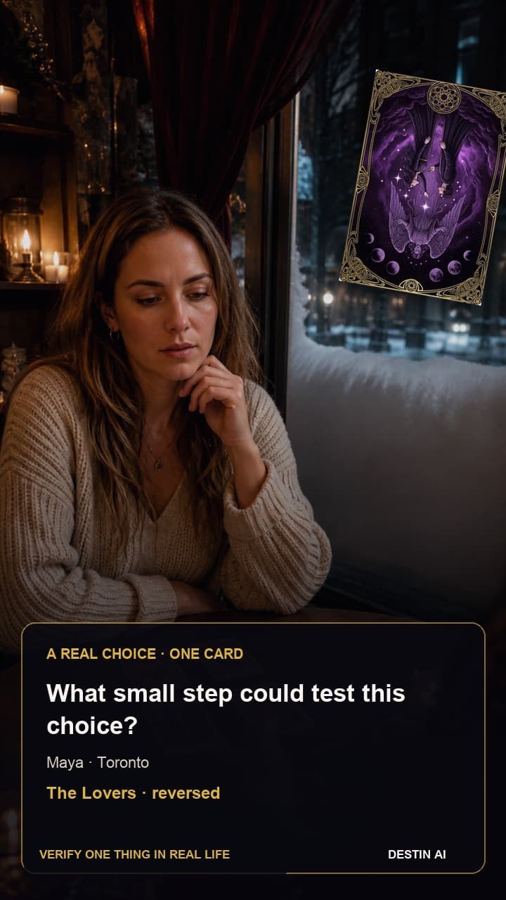 What small step could test this choice? — seated opposite the tarot reader, watching a single card placed between two smaller spread piles in Toronto tarot cafe in the evening with reflected streetlights on the glass, with The Lovers reversed