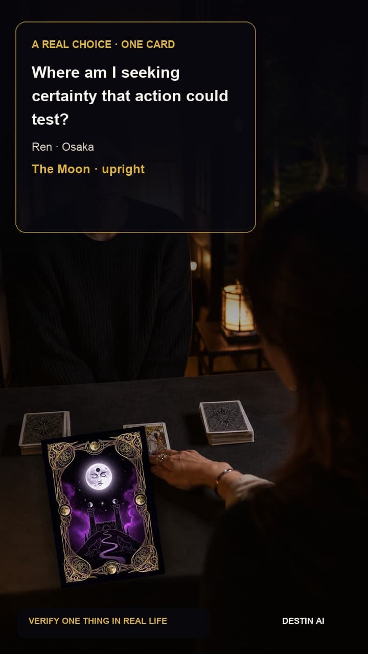 Where am I seeking certainty that action could test? — seated across from the tarot reader, studying a staggered four-card spread beside a closed notebook in Osaka tarot reading room at night with river lights outside, with The Moon upright