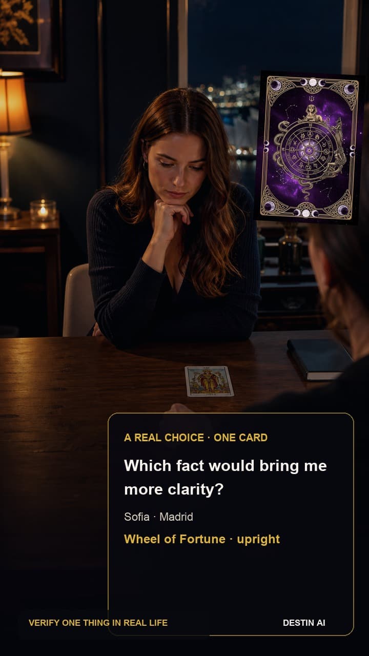 Which fact would bring me more clarity? — seated opposite the tarot reader, looking down at a centered three-card spread with one hand near the middle card in Madrid tarot apartment after dark with balcony lights and deep shadows, with Wheel of Fortune upright