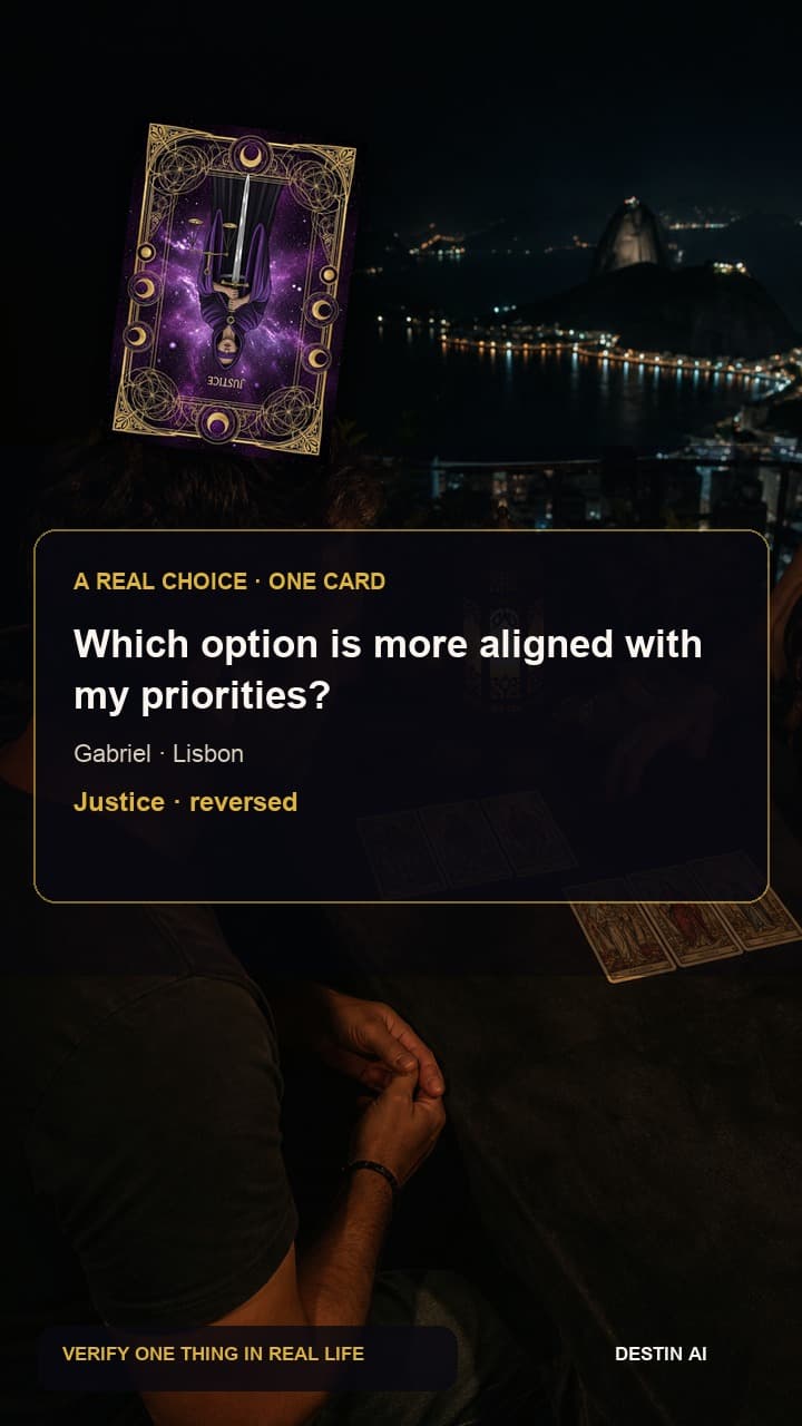 Which option is more aligned with my priorities? — seated face-to-face with the tarot reader, comparing two mirrored three-card spreads before making a note in Lisbon tarot house at night with harbor lights below the window, with Justice reversed