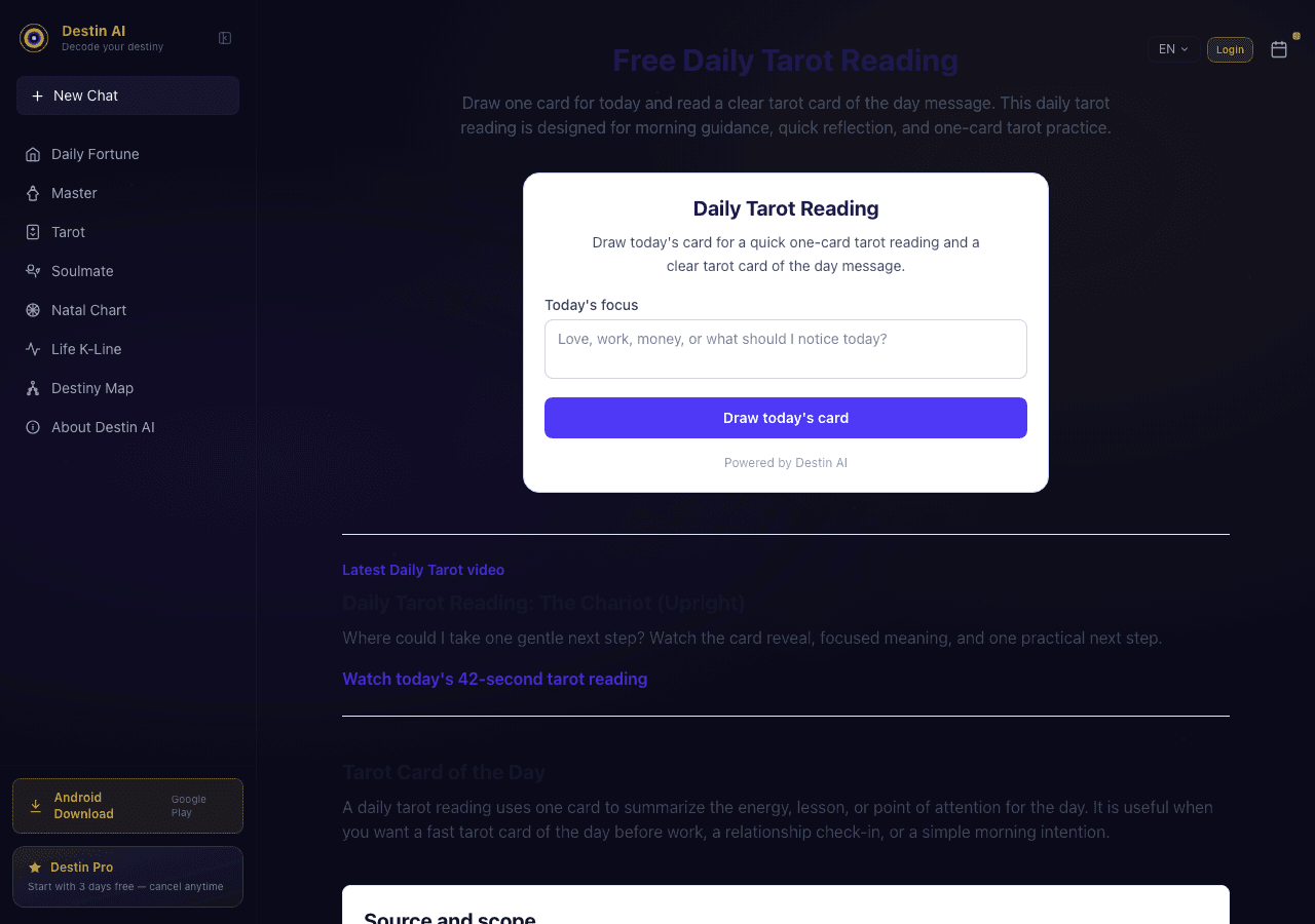 Destin AI tarot reading product screen