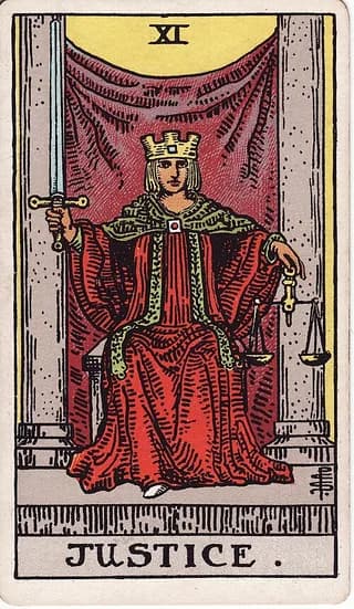 Justice upright tarot card used in a worked one-card reading