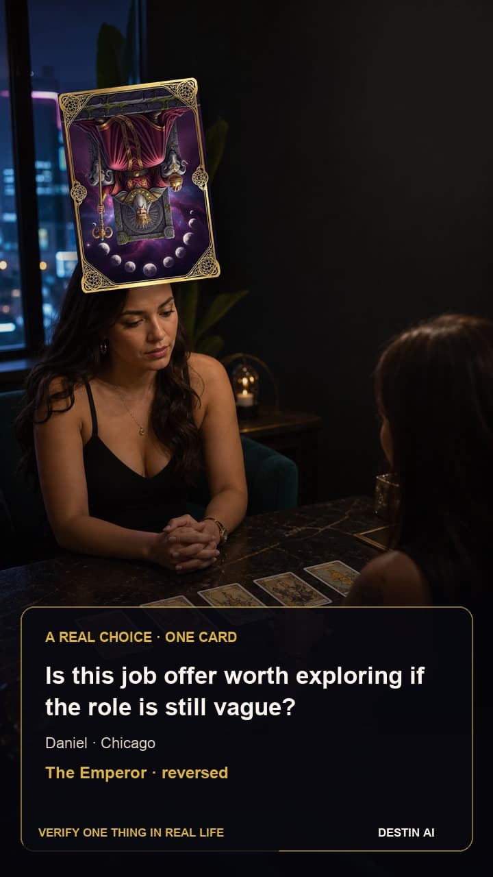 Is this job offer worth exploring if the role is still vague? — seated across from the tarot reader, comparing two cards in a five-card spread while listening closely in Chicago tarot room after dark with lakefront lights in the distance, with The Emperor reversed