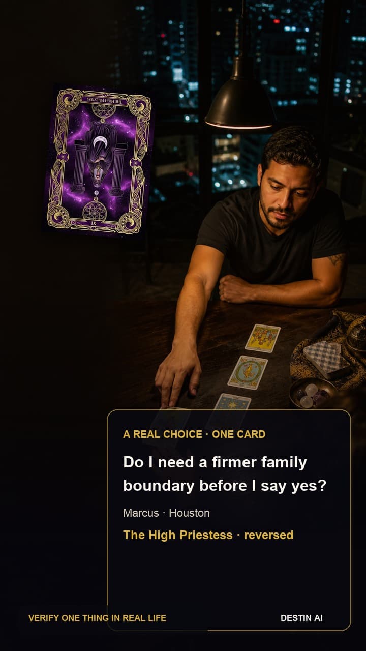 Do I need a firmer family boundary before I say yes? — seated opposite the tarot reader, leaning back from a three-card spread and watching one central card closely in Houston tarot parlor at night with warm lamp light and dark windows, with The High Priestess reversed
