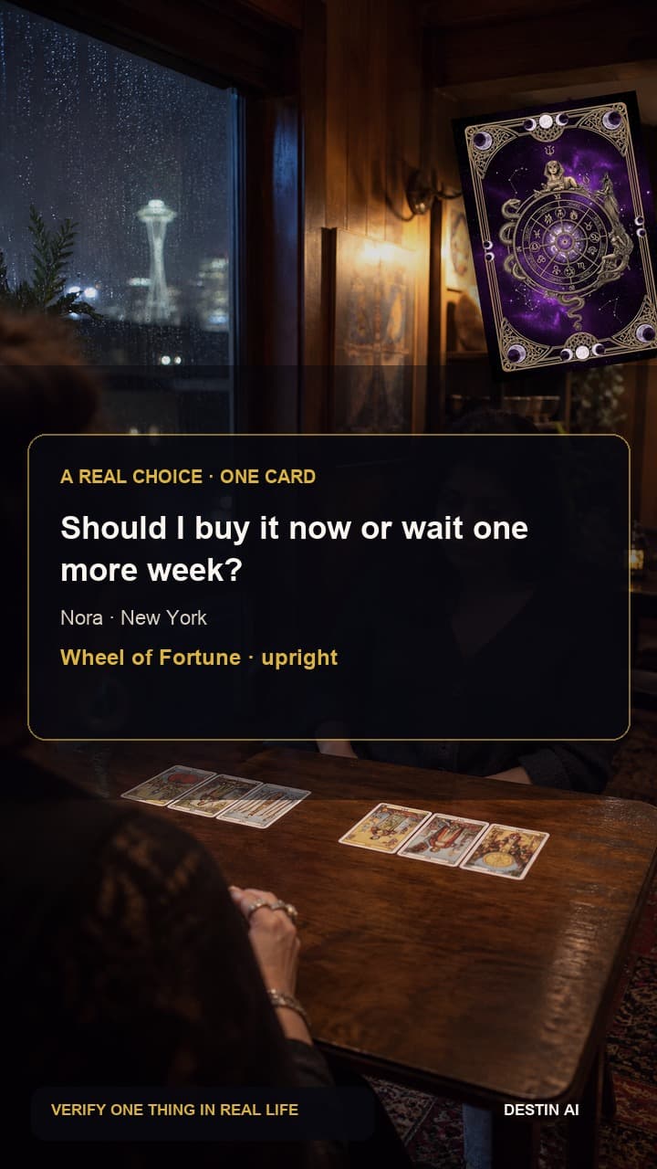 Should I buy it now or wait one more week? — seated across from the tarot reader, reaching toward one face-up card in a diagonal spread while the rest remain still in New York tarot salon after dark with traffic reflections on the glass, with Wheel of Fortune upright