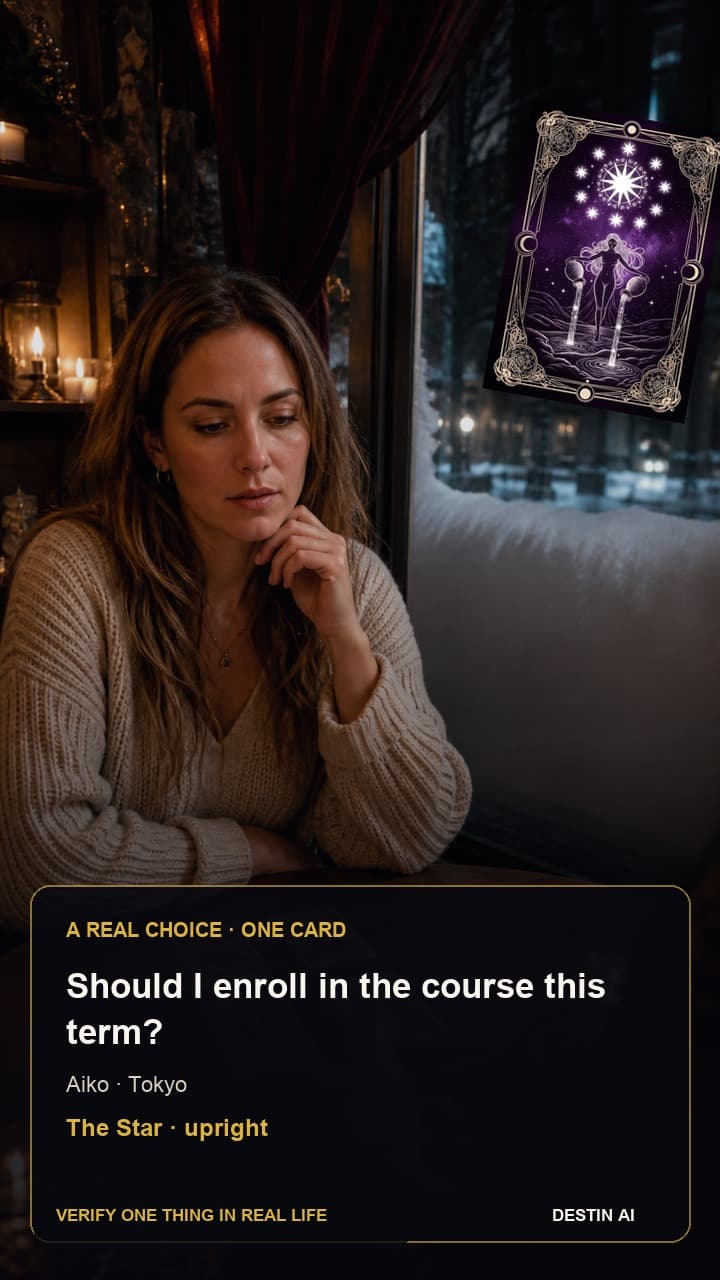 Should I enroll in the course this term? — seated opposite the tarot reader, watching a single card placed between two smaller spread piles in Tokyo tarot café in the evening with rain-lit alley reflections, with The Star upright