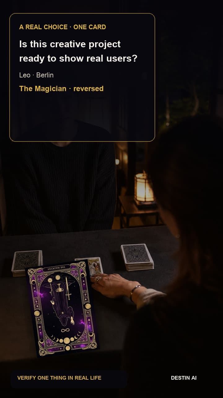 Is this creative project ready to show real users? — seated across from the tarot reader, studying a staggered four-card spread beside a closed notebook in Berlin tarot loft after dark with blue city glow on the wall, with The Magician reversed