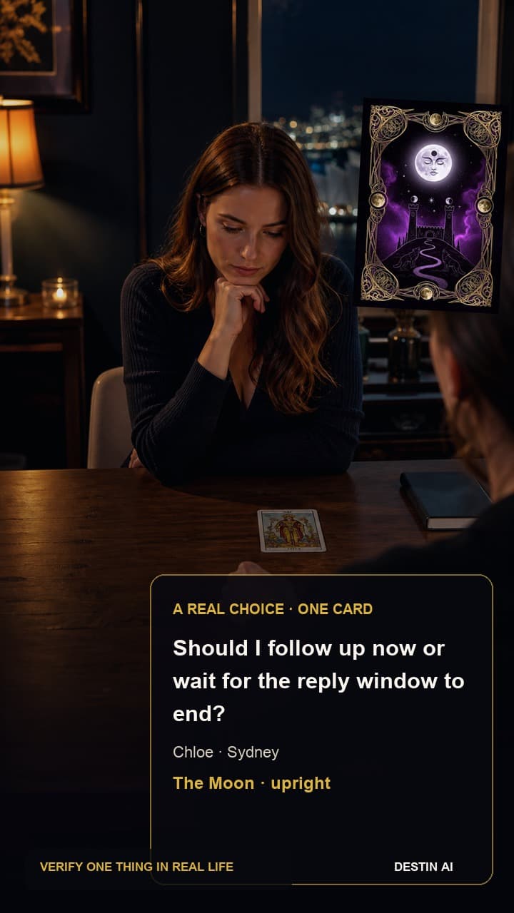 Should I follow up now or wait for the reply window to end? — seated opposite the tarot reader, looking down at a centered three-card spread with one hand near the middle card in Sydney tarot room at night overlooking harbor lights, with The Moon upright