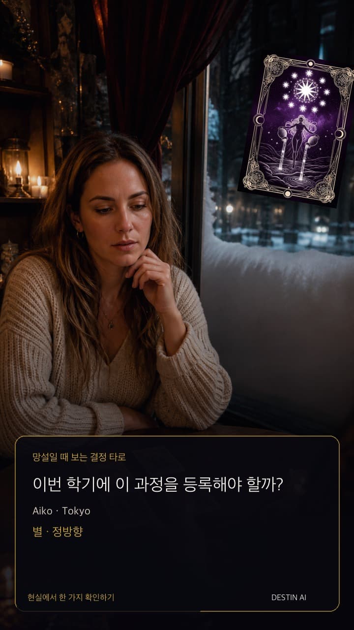 이번 학기에 이 과정을 등록해야 할까? — 타로 리더 맞은편에 앉아 두 개의 작은 카드 더미 사이에 놓인 한 장을 바라보기 in 비에 젖은 골목 반사가 보이는 도쿄의 저녁 타로 카페, with 별 정방향