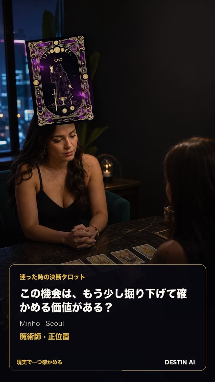 この機会は、もう少し掘り下げて確かめる価値がある? — ネオンが窓ににじむソウルの夜のタロットルーム。タロット占い師と対面で座り、強調された1枚を4枚のカード配置と見比べる。魔術師・正位置