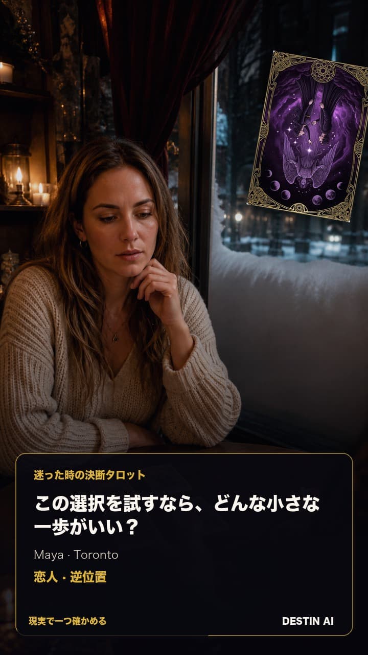 この選択を試すなら、どんな小さな一歩がいい? — 街灯の反射が窓に映るトロントの夕方のタロットカフェ。タロット占い師の向かいに座り、2つの小さな山の間に置かれた1枚カードを見る。恋人・逆位置