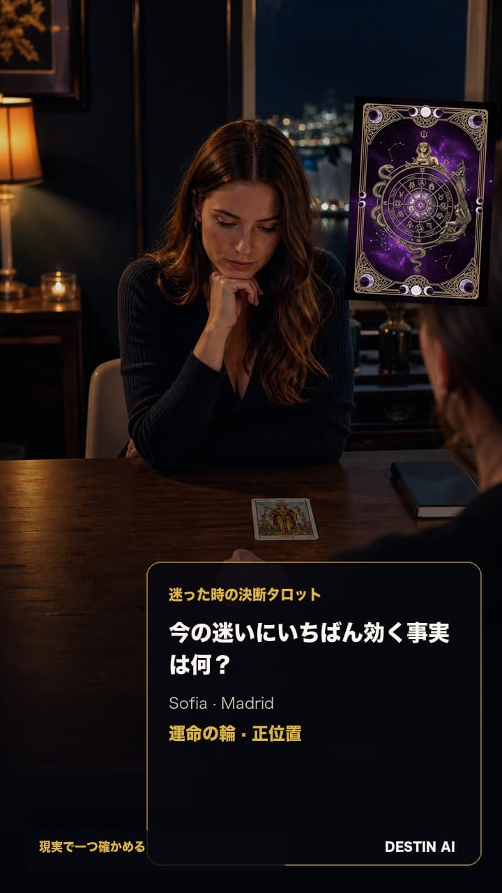 今の迷いにいちばん効く事実は何? — バルコニーの灯りと深い影が交差するマドリードの夜のタロット部屋。タロット占い師の向かいに座り、中央の3枚カードに片手を寄せて見下ろす。運命の輪・正位置