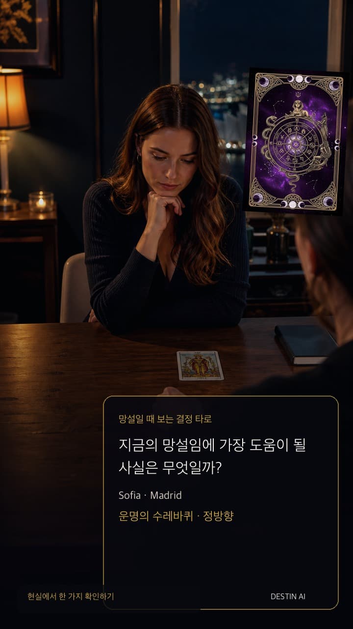지금의 망설임에 가장 도움이 될 사실은 무엇일까? — 발코니 불빛과 깊은 그림자가 교차하는 마드리드의 밤 타로 방. 타로 리더의 맞은편에 앉아 가운데 세 장 카드 배열 쪽으로 한 손을 가까이 둔다. 운명의 수레바퀴 · 정방향